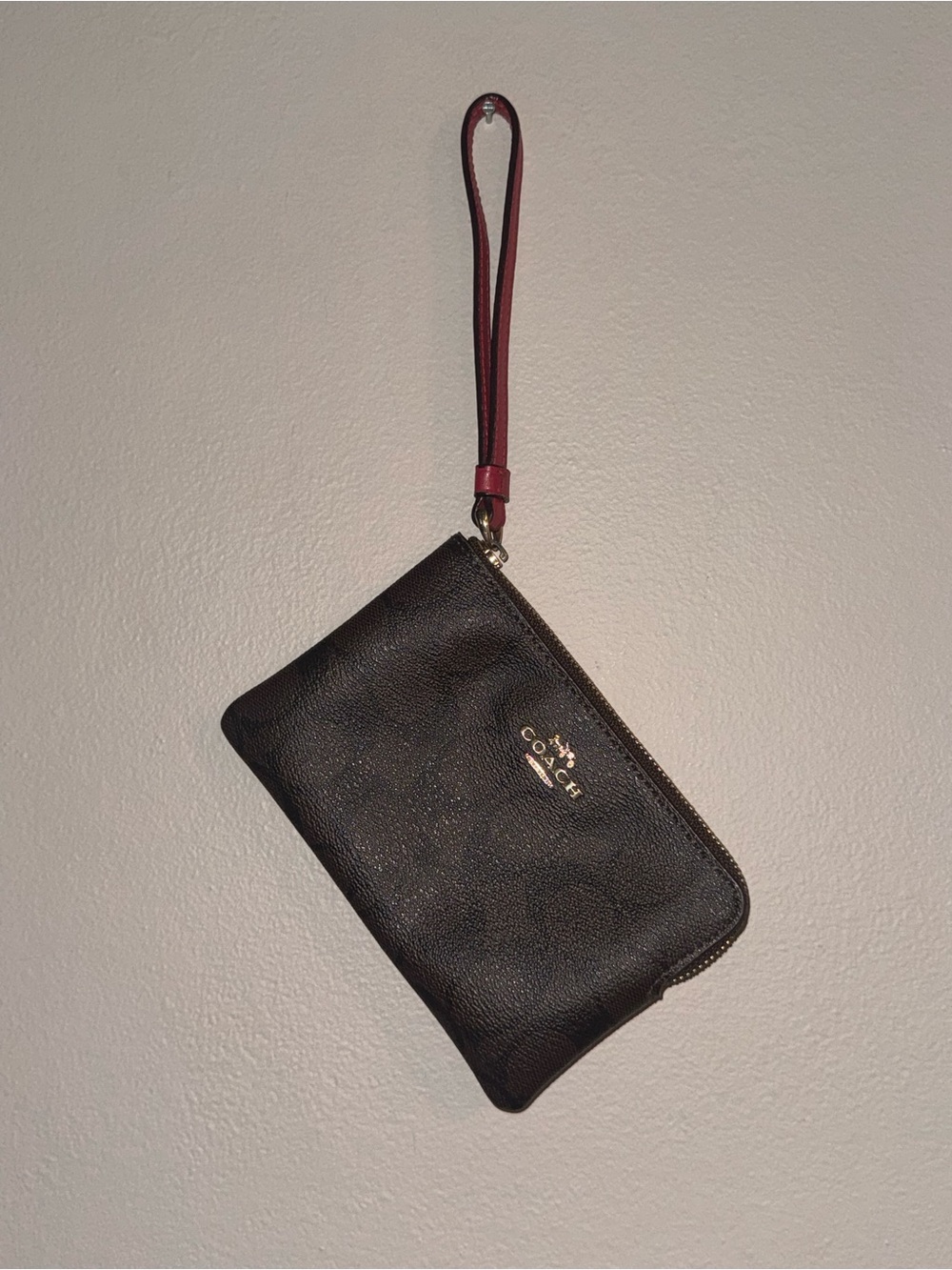 Coach Black Wristlet with Burgundy Strap